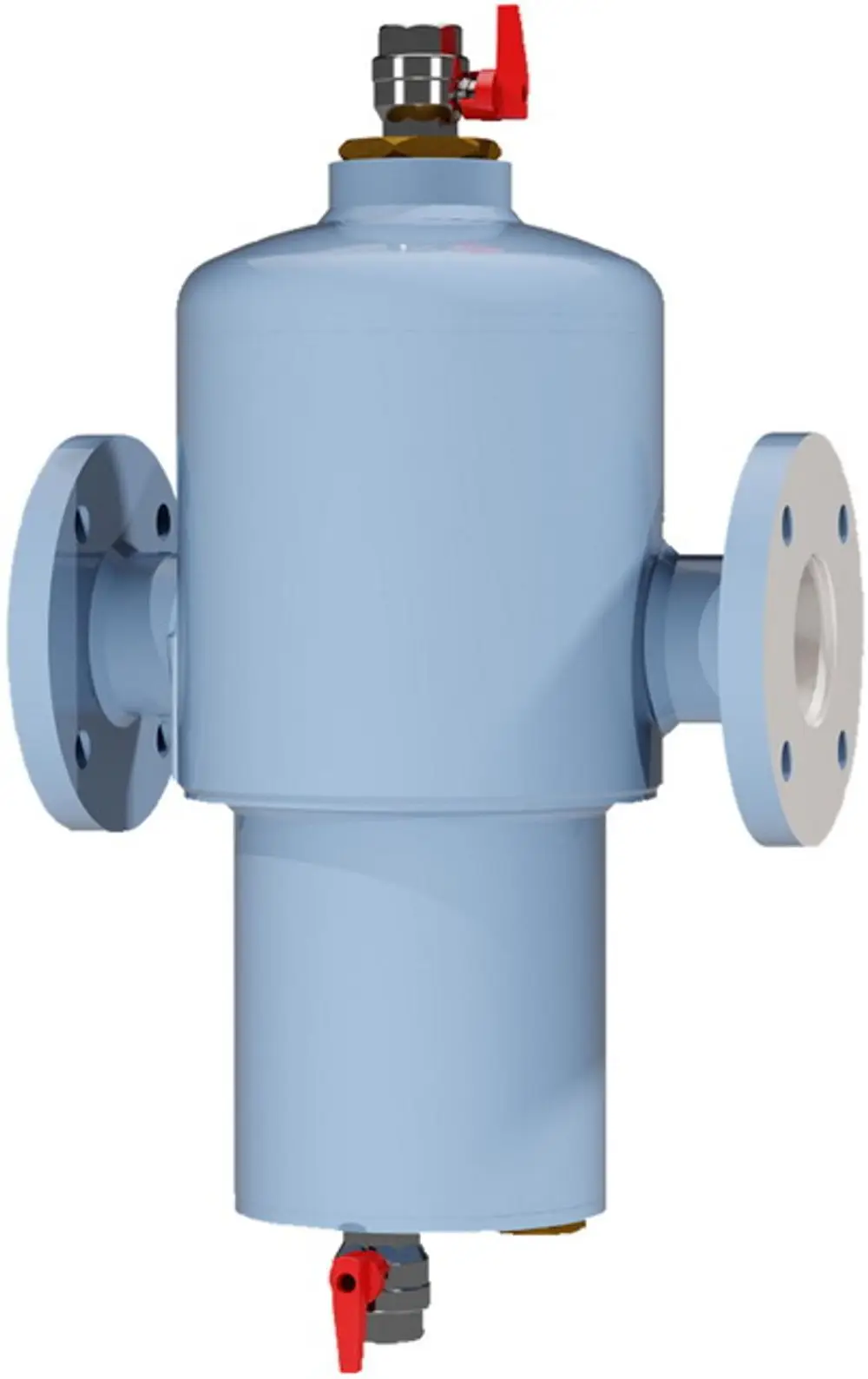 Blauer Separator mit Flanschanschlüssen und zwei Ventilen, geeignet zur Schadstofftrennung in Heizungsanlagen von IMI Hydronic Engineering.